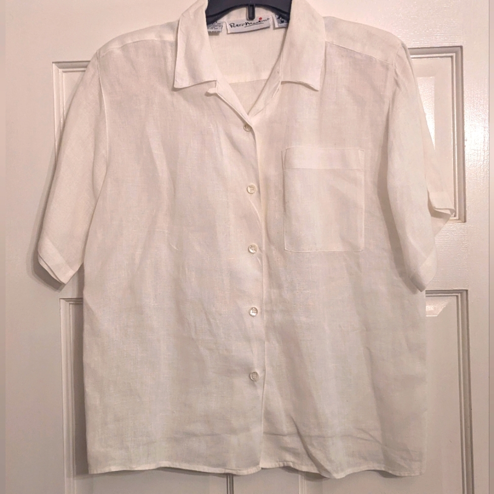 Peter Martin 100% Irish Linen White Short Sleeve Shirt Sz 8